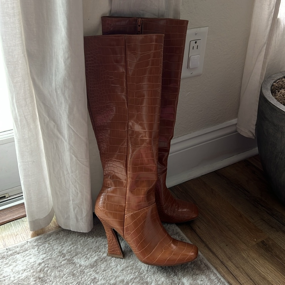 Croc pointed knee high boots